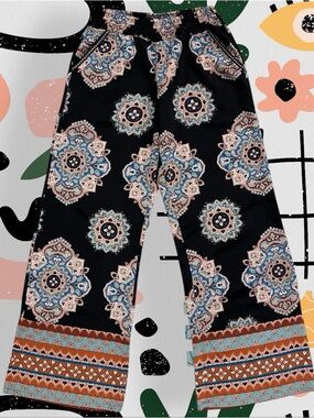 About A Girl | Lightweight Elastic Waist Mandala Print Relaxed Wide Leg Pants